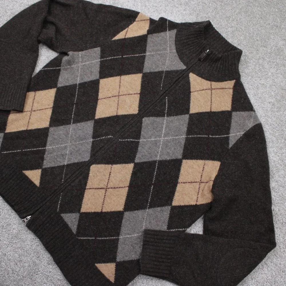 J. Crew Lambswool Sweater Mens Large‎ Brown/Tan Argyle Full Zip L/S Sweatshirt